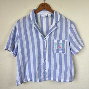 Cynthia Rowley Shirt Womens Small Blue Striped Embroidered Nautical Shell Top S